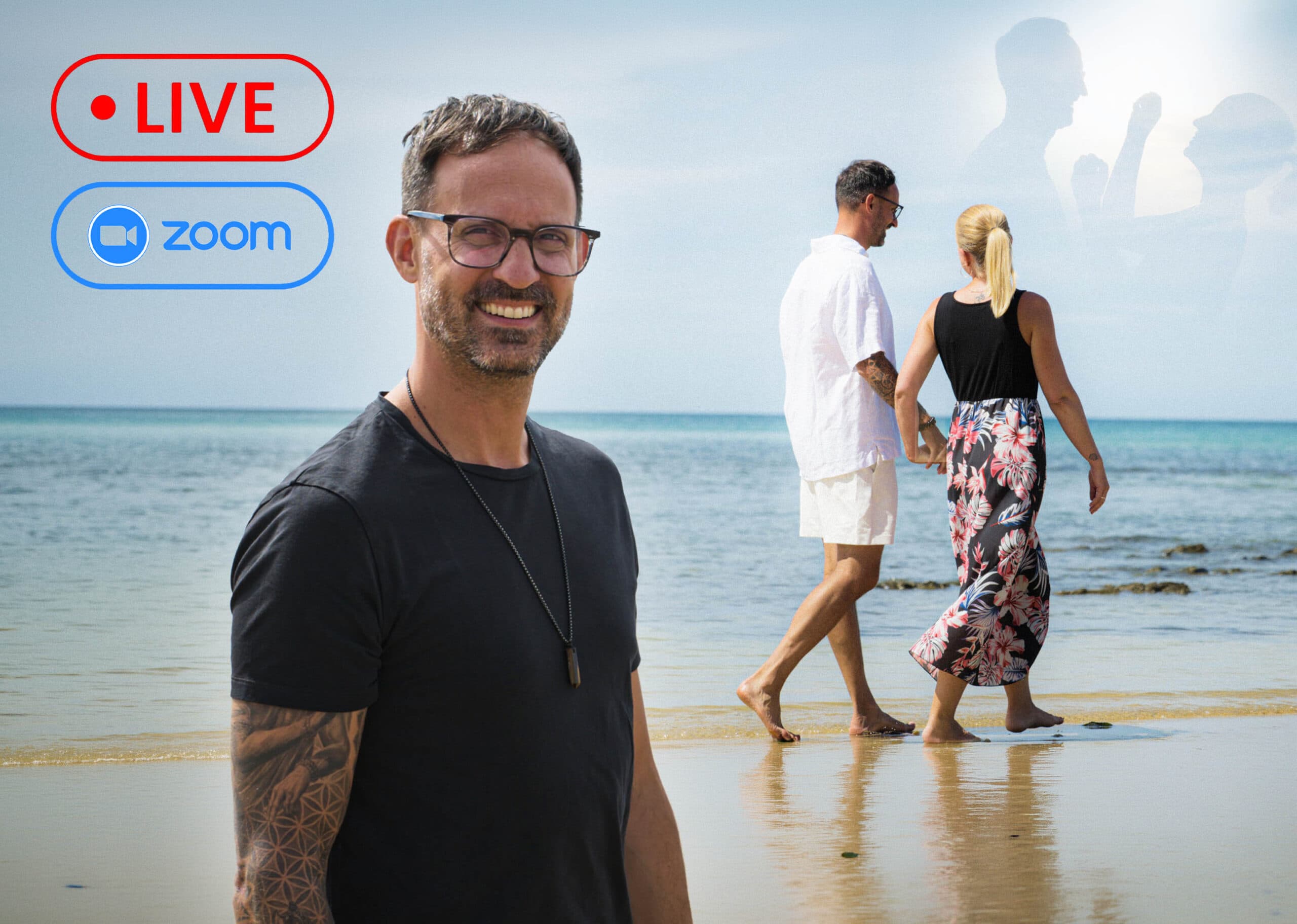 Christian Gaertner am Strand, im Hintergrund Christian und Priya. Relationship Days, live über Zoom